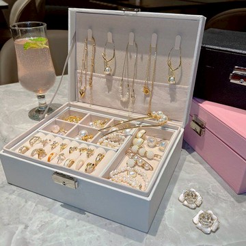 雙層首飾盒 收納盒 戒指 項鍊 首飾收納盒 鎖皮 首飾飾品盒  精緻大容量收納盒  耳釘珠寶手飾盒 多功能多層存儲禮品盒