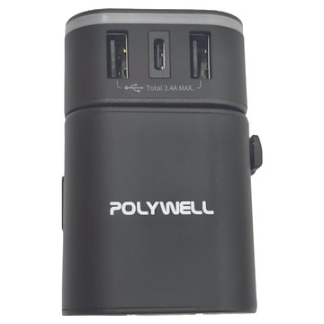 POLYWELL 寶利威爾 旅行充電器加多國轉接頭 雙Type-C + 雙USB-A PW15-T05-A053 黑色  1個