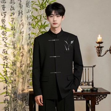 國潮牌黑色新中式西裝男 春秋新款中國風中山裝立領西裝外套帥氣