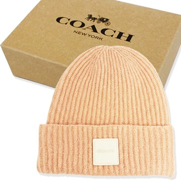 【COACH】方標 LOGO混羊毛毛帽附禮盒(粉/白)