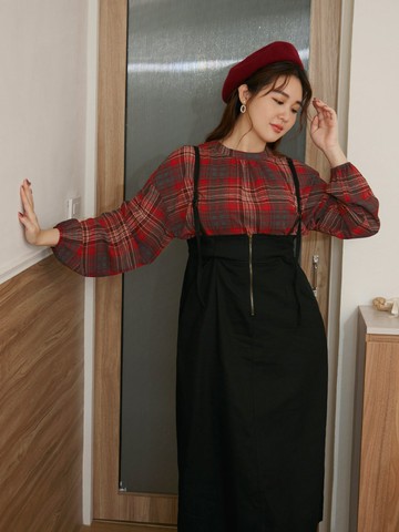 配色格紋後綁帶泡泡袖上衣