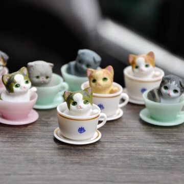 日本食玩萌寵物語茶杯貓玩偶擺件桌面蛋糕裝飾可愛咖啡杯貓咪盲盒