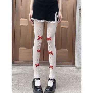 網紅蝴蝶結絲襪白色日系甜美少女蕾絲鏤空漁網襪大碼連褲襪薄款透