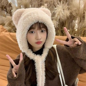 闆娘推薦🌈冬季韓版可愛加絨繫繩毛絨帽子女卡通護耳針織帽保暖護耳帽毛線帽