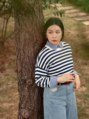 風格人物西喜．日系彈力針織撞色條紋圓領上衣