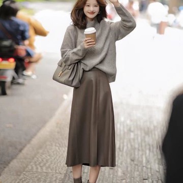 海寧真皮高腰半身裙皮裙傘裙中長過膝a字咖啡色大擺裙女美拉德