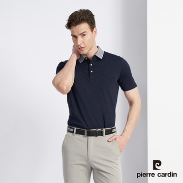 pierre cardin 皮爾卡登 男款 棉質混紡素色緹花短袖POLO衫-深藍色(5227257-38)