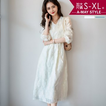 加大碼女裝 小禮服 輕奢感V領蕾絲優雅顯瘦A字裙連身洋裝(S-XL)【XAM250353】＊艾美時尚(現+預)