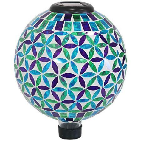 Sunnydaze Glass Mosaic Gazing Globe with Solar Light, Blue Cool Blooms Design, Garden and Landscape Decor, 10-Inch