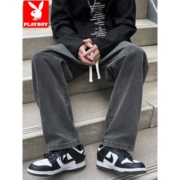 花花公子黑色牛仔褲男美式薄款潮牌直筒寬松闊腿休閑長褲子春秋季