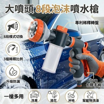 🔥台灣現貨🔥大噴頭 泡沫水槍 洗車噴槍 園藝澆花 寵物洗澡 強力沖洗 8種模式 三段稀釋 快速接頭 防漏設計 省力卡扣