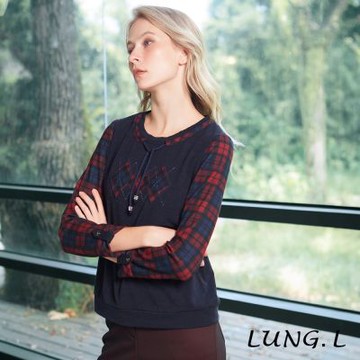 LUNG.L林佳樺  藍色拼接格紋袖質感長袖女裝上衣 LT36A