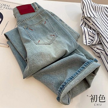 初色 復古撞色刺繡高腰直筒闊腿休閒牛仔褲寬褲長褲-淺藍色-11198(M-2XL可選)