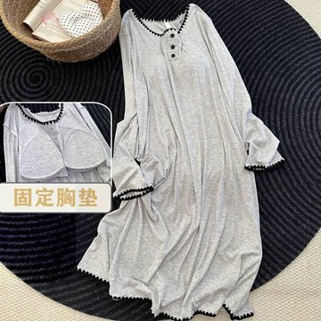 【臺灣出貨】薄款莫代爾家居裙女 春秋過膝中長款可外穿睡裙 帶胸墊睡衣 長袖睡裙 固定胸墊家居長裙 冬季寬鬆柔軟居家睡衣裙