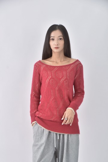 (M) 棉質假兩件粉色毛衣