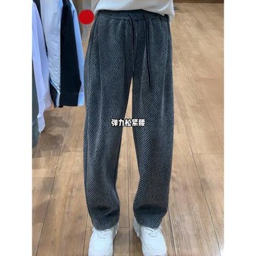 秋冬加絨斜條紋銀絲闊腿休閑褲男高級感潮牌寬松百搭顯瘦直筒衛褲