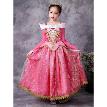 夏新款外貿童裝女童睡美人愛洛公主裙吊帶一字肩cosplay表演禮服