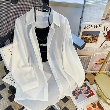 台灣出貨 夏季新款雪紡防曬襯衫女長袖韓版寬鬆中長款雪紡衫女外搭薄款開 長袖襯衫 寬鬆顯瘦上衣 襯衫外套 防曬長袖