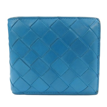 【二手名牌BRAND OFF】BOTTEGA VENETA BV 寶緹嘉【再降價】藍色 羊皮 編織 雙折 短夾
