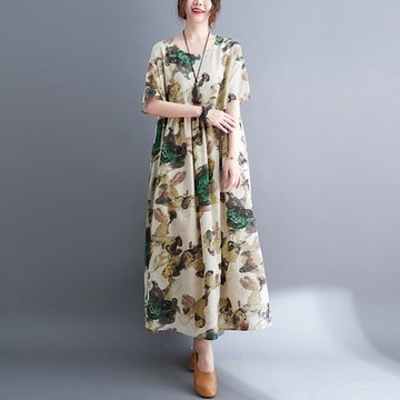 [米蘭精品] 連身裙棉麻洋裝-印花寬鬆裙擺短袖女裙子74cs58