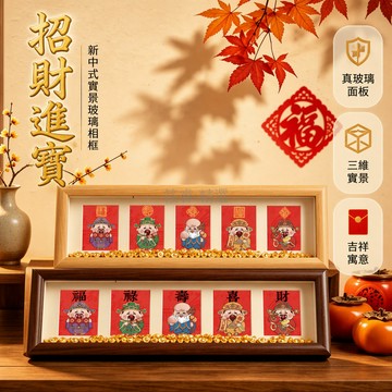 台灣出貨 新中式中空立體木質相框 福祿壽喜財卡通畫芯 金元寶裝飾擺件 長方形桌面收納框 原木胡桃柚木紋