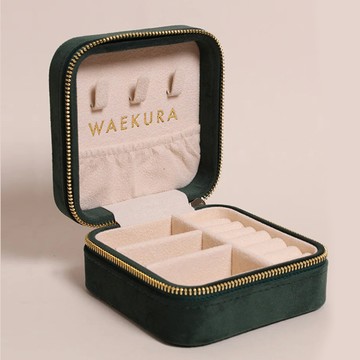 法國 Waekura 攜帶式絨面飾品收納盒 大 孔雀綠