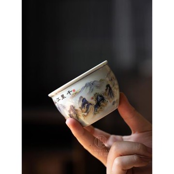 仿古泥千里江山主人杯｜復古國畫山水茶杯品茗杯中式陶瓷茶具單杯