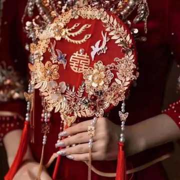 中式結婚禮喜扇團扇成品高端刺繡長柄雙圈雙面古風宮扇DIY材料包