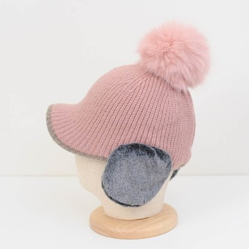 【韓國製 現貨】保暖遮耳毛帽 針織毛球帽 厚款雙層耳朵 冬季通勤休閒 素色灰帽沿