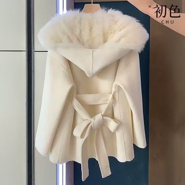 初色 韓版氣質長袖連帽綁帶厚款毛呢拼接仿狐狸毛皮草大衣外套女外套-共6色-17243(M-2XL可選)