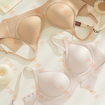 【臺灣出貨👙】法式格紋無痕軟支撐小胸聚攏舒適防下垂內衣女透氣網紗半固定文胸【伊娜美】