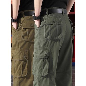 春秋季多口袋工裝長褲子大碼中年男士休閑寬松直筒全棉透氣爸爸褲