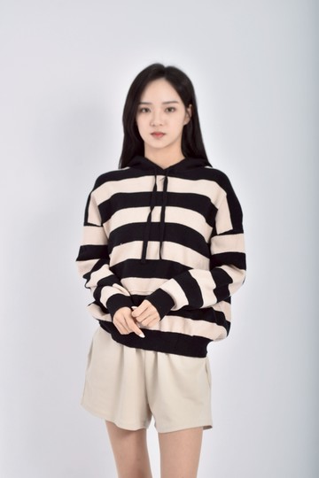 (F) 質感針織條紋連帽寬鬆杏色長袖上衣