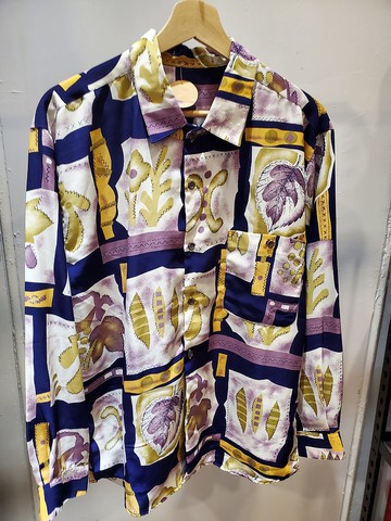 日本古著 絲質 涼感 植物圖騰 長袖襯衫 近全新