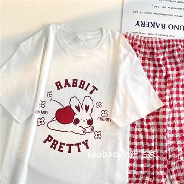 兔年圓領睡衣女春夏短袖長褲卡通純棉套裝學生薄款可愛套頭家居服