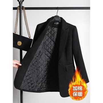毛呢西裝外套女秋冬季短款夾棉加厚絨黑色氣質呢子西服套裝小個子
