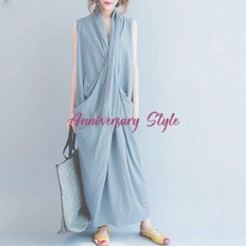 ワンピース 水色 F 即納 シワ加工 ノースリーブ ロング コットン 綿 レディース ねじり スリット カジュアル ナチュラル 夏秋 通販 Lineポイント最大1 0 Get Lineショッピング