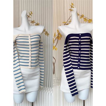 朵來美 2024秋季拼海軍條紋上衣柔軟百搭一字露肩針織辣妹氣質女