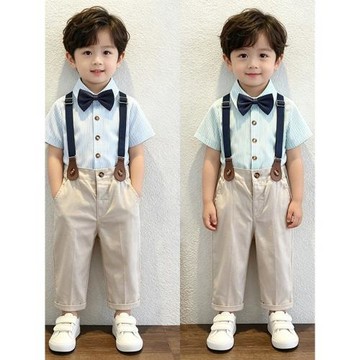 男童周歲小西裝短袖條紋套裝花童禮服兒童演出服小學生六一表演服