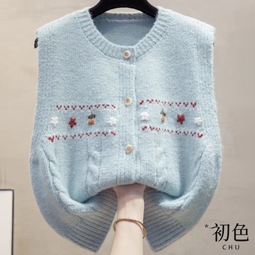 初色 保暖甜美螺紋圓領單排釦無袖開衫針織背心女背心-共4色-39713(F可選)