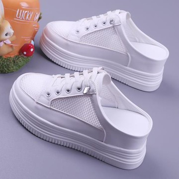 松糕厚底女鞋2025春夏款鏤空透氣女網鞋一腳蹬半拖內增高小白鞋女
