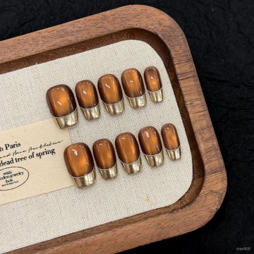 💟加一手工甲💅🏻藝禾原創【卡布奇諾】焦糖玻璃珠貓眼魔鏡粉法式秋冬簡約短款美甲純手工穿戴甲 LZRE