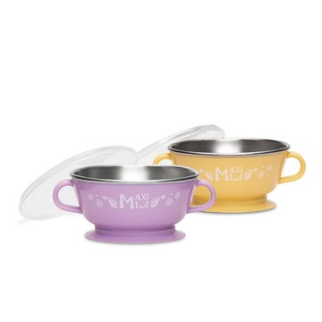 【MaxiMini】嬰幼兒抗菌不鏽鋼湯碗 (添加抗菌金屬元素) 奶油黃/馬卡龍紫 | 美國