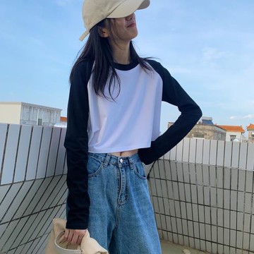 拼色t恤女秋季設計感小眾長袖修身百搭打底新款短款內搭顯瘦上衣