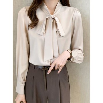 蝴蝶結長袖襯衫女春秋新款法式寬松垂感緞面飄帶上衣高端氣質襯衣