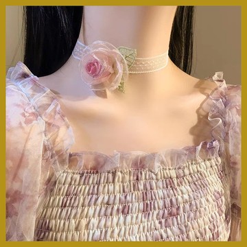 白色蕾絲花項鏈 絲帶係帶choker鎖骨鏈 綁髮僊女法式複古伴娘飾品