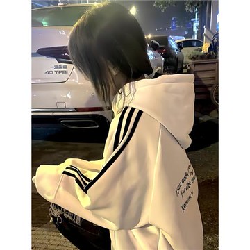 純棉三條杠連帽衛衣女大童初中高中學生秋冬新款加絨加厚寬松外套