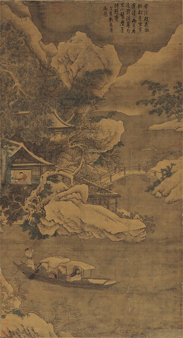 仇英雪景山水明四家山水條幅真跡復制畫原大高清絹畫仿古裝飾畫