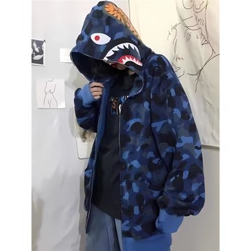 ins鯊魚頭迷彩連帽拉鏈衛衣男女早秋潮牌寬松休閑百搭情侶款外套