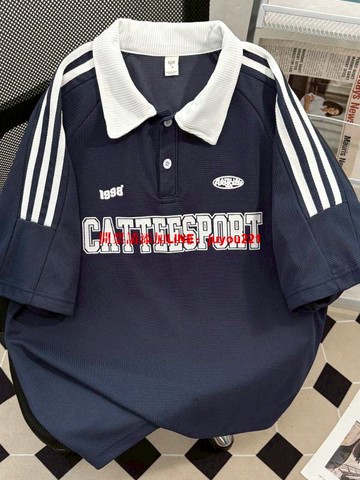 【台灣現貨】美式華夫格polo衫短袖T恤男女同款夏季新款撞色拼接條紋小眾上衣